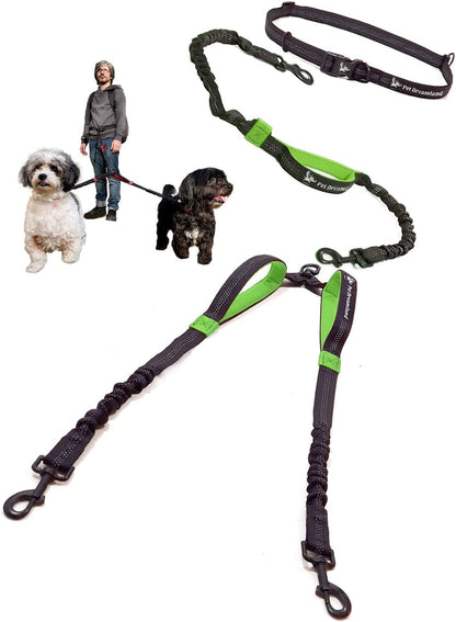 Exquisite Hands Free Double Dog Leash for Medium Dogs - Dual Dog Leash - Two Dog Leash No Tangle - Dog Leash for 2 Dogs - Double Leash - Leash Splitter - Double Leash Coupler (Medium, Black & Green)