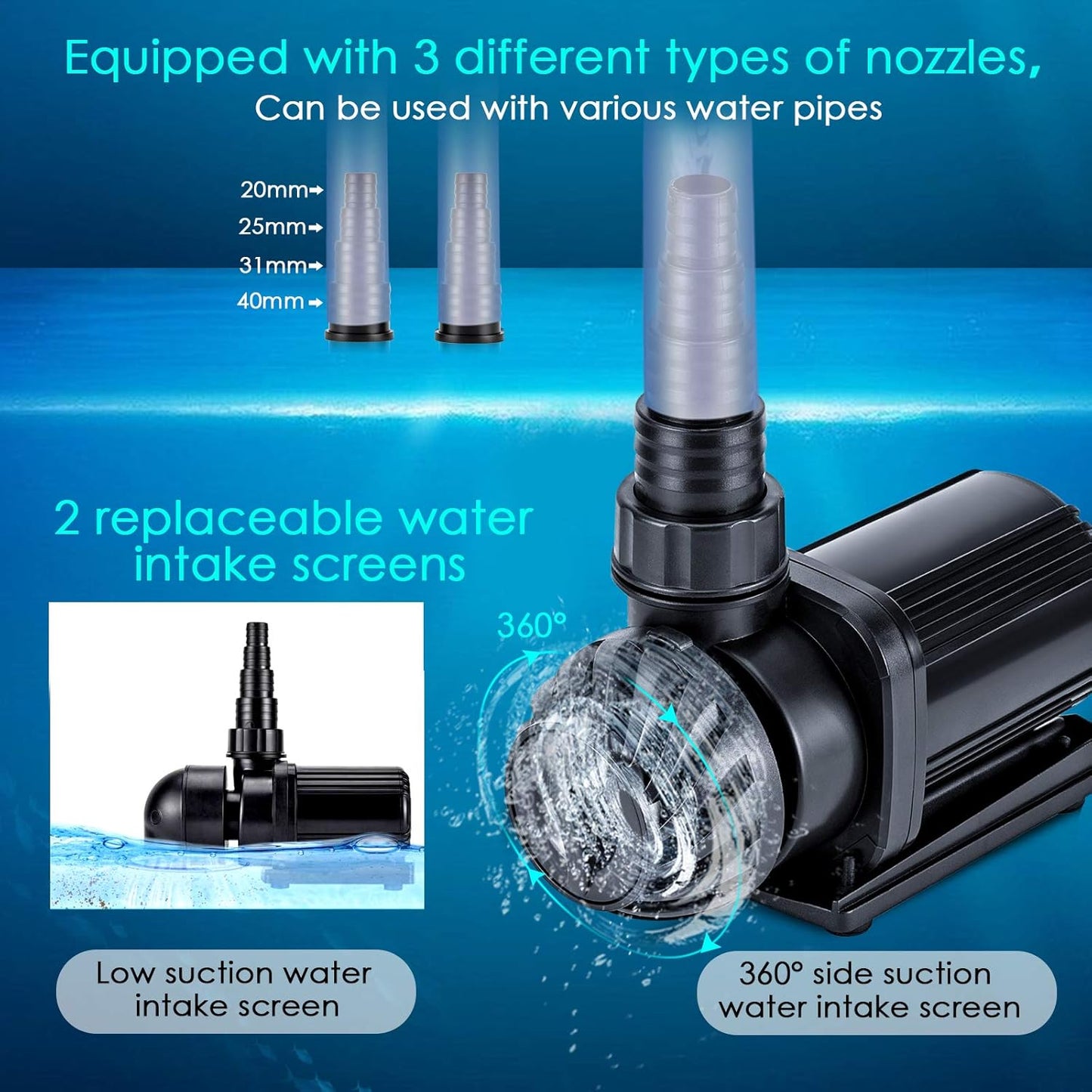 Controllable Aquarium Water Pump,75W 2400GPH Circulation Make Wave/Feed Mode/20 Options Flow Adjustable, Amphibious Submersible or Land Powerful Return Pump for Saltwater & Freshwater