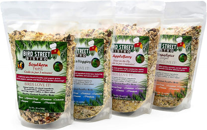 Parrot Food Sample 4 Pack - Parakeet Food - Cockatiel Food - Bird Food - Cooks in 3-15 Min W/Natural & Organic Grains - Healthy, Non-Gmo Fruits, Healthy Orientated Spices