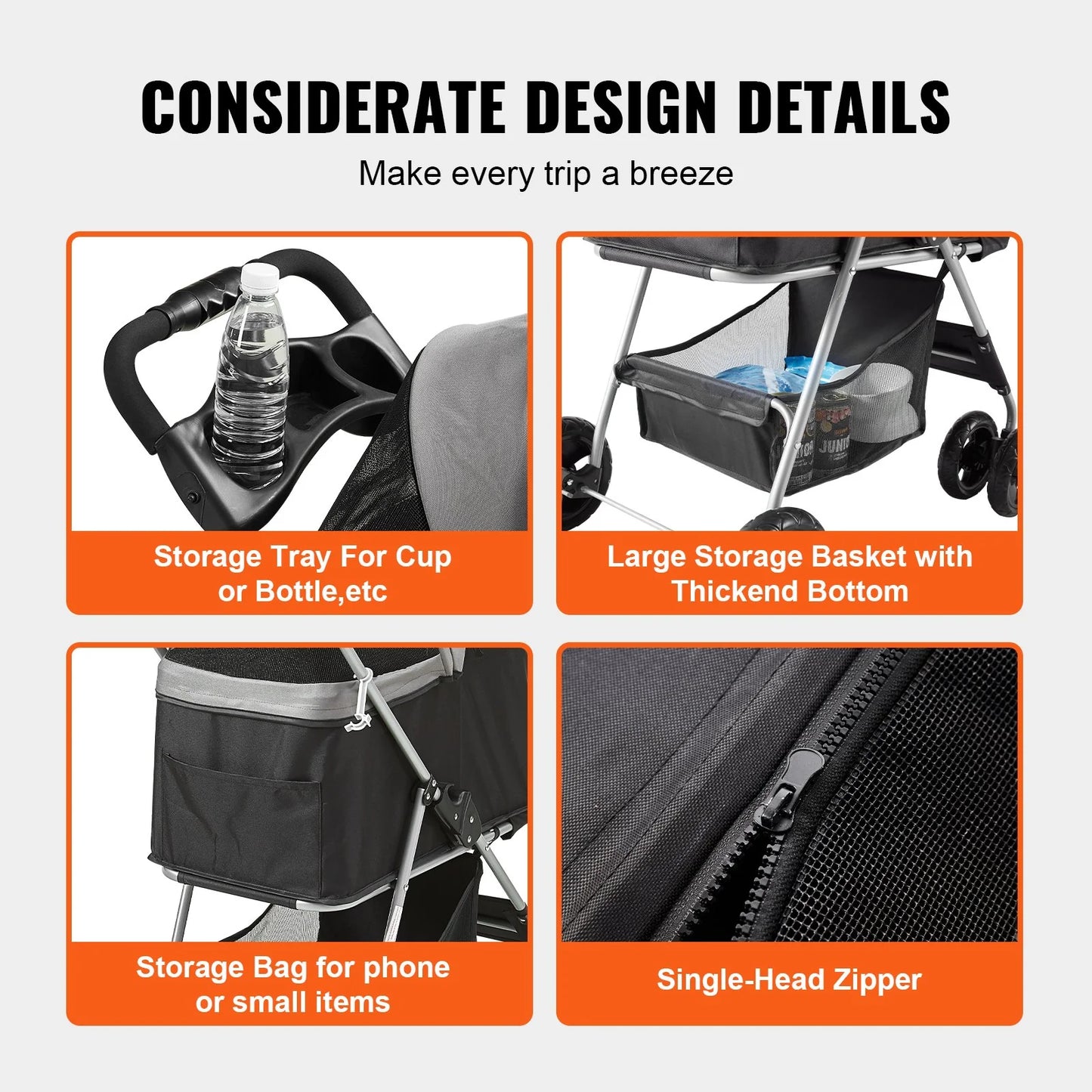 VEVOR Pet Stroller, 4 Wheels Dog Stroller Rotate with Brakes, 35Lbs Weight Capacity, Puppy Stroller with Detachable Carrier, Storage Basket and Cup Holder, for Dogs and Cats Travel, Black+Dark Grey